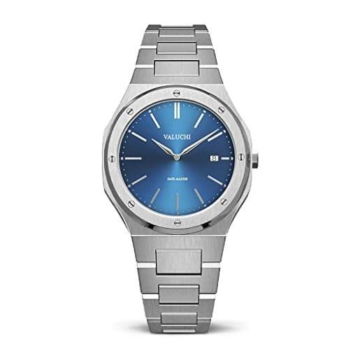 Valuchi orologio di lusso da uomo date-master in acciaio inossidabile con vetro zaffiro al quarzo (blu argento)