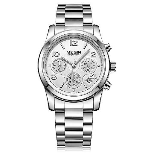 MEGIR orologio da polso da donna in argento inox di lusso orologio da polso analogico quart impermeabile cronografo e 24 ore, argento, bracciale
