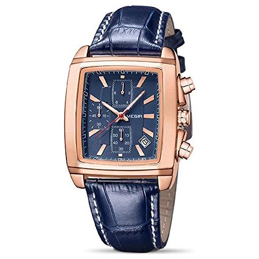 Megir orologio analogico al quarzo da uomo, con cronografo, luminoso, cinturino in pelle, sportivo, da lavoro, rosa/blu, cinturino