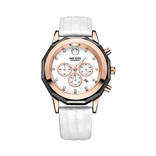 Megir orologio da donna cronografo cinturino in pelle al quarzo orologi da donna con data luminosa, bianco, cinturino