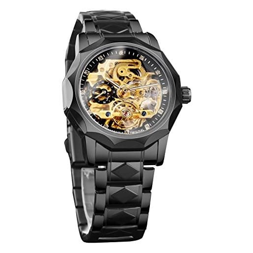 FORSINING orologio da uomo automatico meccanico scheletro tourbillon orologi moda business impermeabile orologio da polso lusso diamante quadrante, nero , bracciale