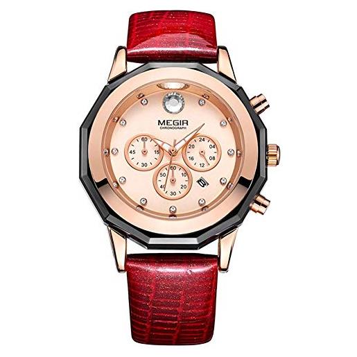 Megir orologi da donna al quarzo con cinturino in pelle cronografo con data luminosa, rosso, cinturino