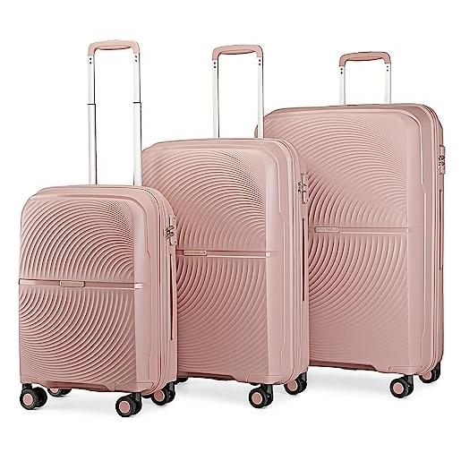 British Traveller set di 3 pezzi valigie rigide bagaglio a mano trolley pp leggero con tsa lucchetto (20+24+28pollici, rosa)