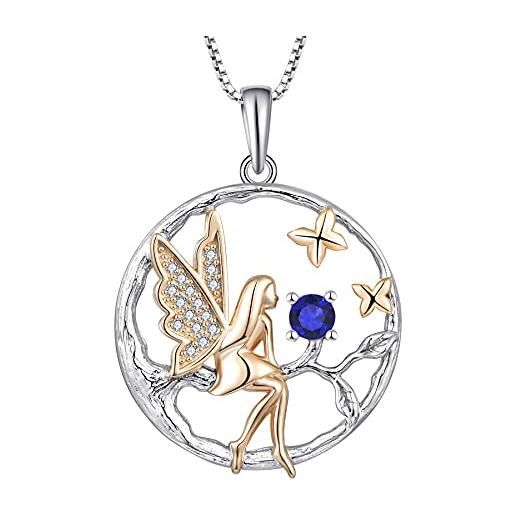 FJ collana angelo donna argento 925 collana con ciondolo elfo fata farfalla collana albero della vita collana settembre pietra portafortuna spinello blu gioielli regalo per donna