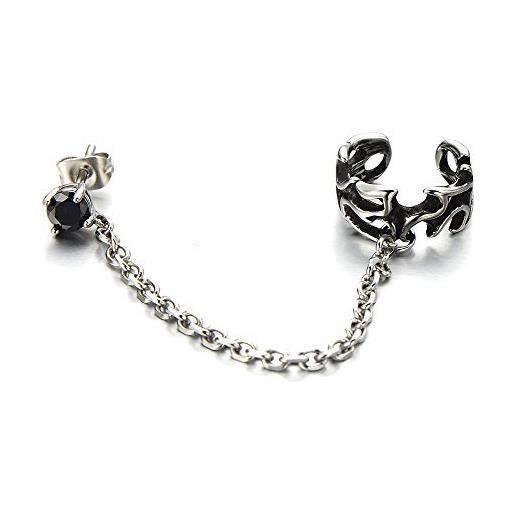 COOLSTEELANDBEYOND 1pc gothic collegamento chain clip-on orecchini a cerchio, orecchini da uomo donna, acciaio con nero zirconi