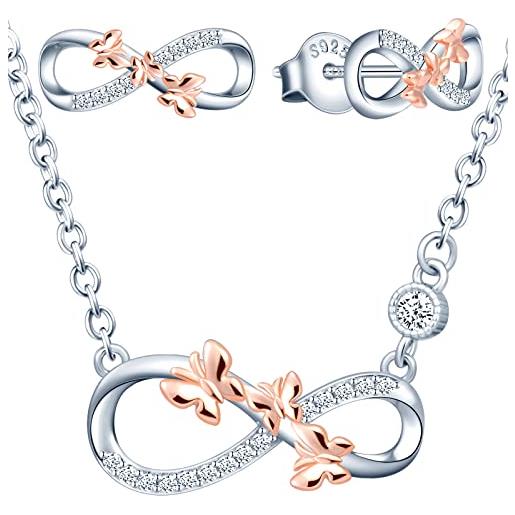 INFINIONLY collana e orecchini da donna ragazza, parure di gioielli in argento 925, simbolo dell'infinito in argento intarsiato con farfalle in oro rosa, zircone, processo di galvanica bicolore