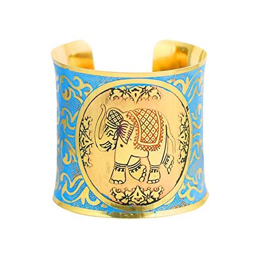 Touchstone indian bollywood desire brass base beautifully rich indian ethnic elephant motif fabulous meenakari enamel thick wrist enhancer designer jewelry cuff bracelet in gold tone for women. 