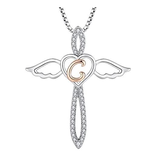 FJ collana lettera c argento 925 donna collana con ciondolo angelo custode collana iniziale alfabeto con zirconia cubica gioielli regalo per donna