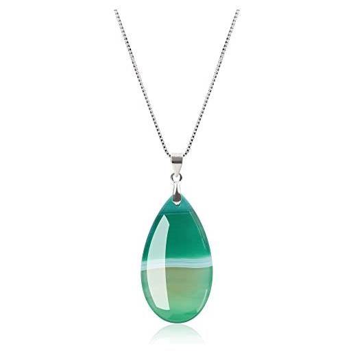 COAI collana da donna in argento sterling 925 con ciondolo lacrima di agata verde striata