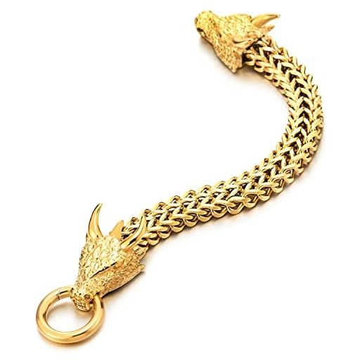 COOLSTEELANDBEYOND acciaio oro quadrati franco catena barbozzale braccialetto, bracciale, drago testa con scaglia spillo corno