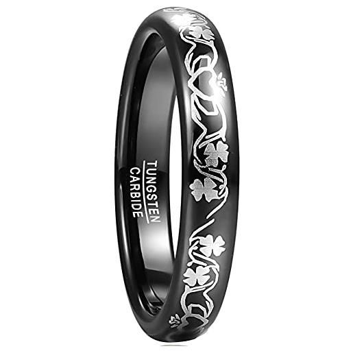 TUNGSTORY 4mm anello nero per donne fede nuziale in tungsteno con claddagh celtico e trifoglio pattern taglia 10