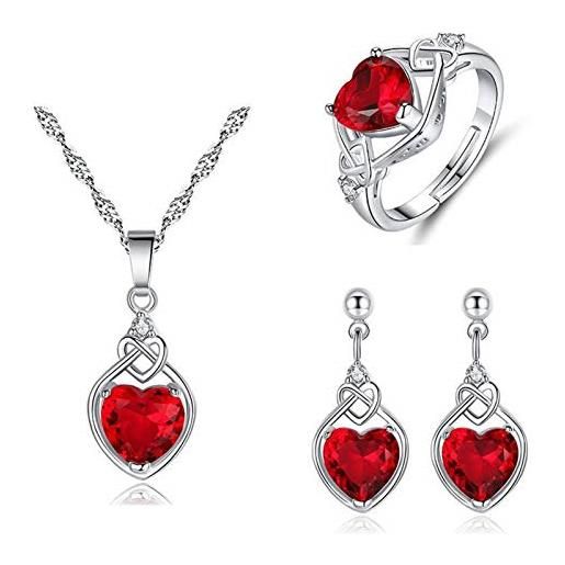 HMOOY amore cuore rubino collane orecchini e anelli set di gioielli, orecchino a forma di cuore con ciondolo con zirconia cubica rubino set di gioielli per donna anniversario di nuziale (rosso)