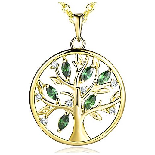JO WISDOM collana albero della vita yggdrasil argento 925 aaa zirconia cubica può birthstone colore smeraldo donna con placcato oro giallo