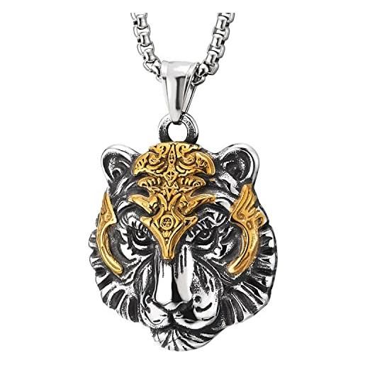 COOLSTEELANDBEYOND acciaio inossidabile fantasia maschera tigre testa collana con pendente da uomo donna, catena del grano 60cm