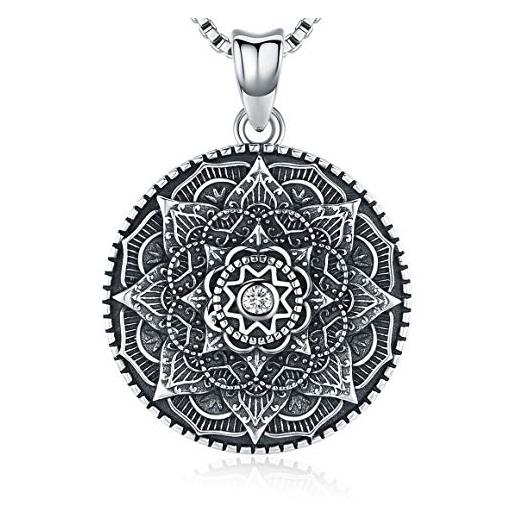 Friggem collana mandala, ciondolo fiore di loto in argento sterling 925 e collana ciondolo donna, lotus om buddista zen yoga amuleto regalo gioielli - effetto ossidazione