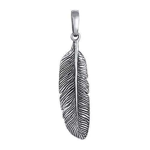 Kuzzoi - ciondolo in argento sterling 925 a forma di piuma d'angelo (41 mm) per collane, accessorio di alta qualità ed esclusivo (nero, argento ossidato) per uomo