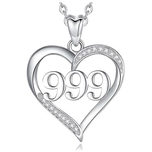INFUSEU collana con numeri d'angelo, collana d'argento 925 con charm numero 999 ciondolo portafortuna per donne