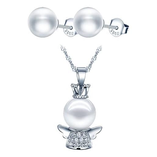 CPSLOVE collana di perle angioletto e orecchini di perle, parure di gioielli in argento 925, collane da donna e ragazza, orecchini di perle da donna, zircone intarsiato