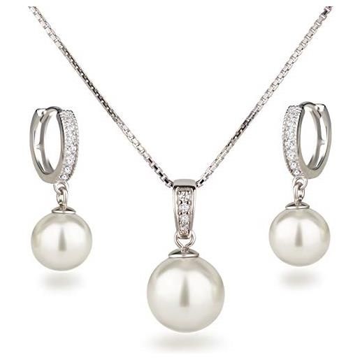 Schöner-SD - parure con collana e orecchini, con perle in argento 925 rodiato, argento