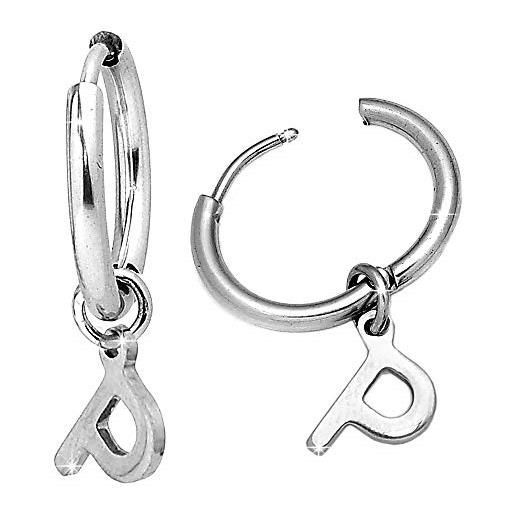 Beloved orecchini da donna a cerchio in acciaio - con lettera dell'alfabeto iniziale pendente - per lobi forati - colore silver (p)