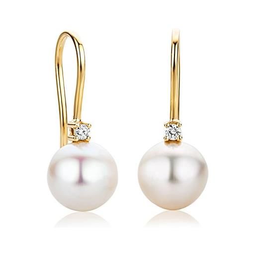 Orovi orecchini donna con perle e diamanti taglio brillante ct. 0,06 in oro giallo 18 kt 750 orecchini monachella con perle bianche d'acqua dolce