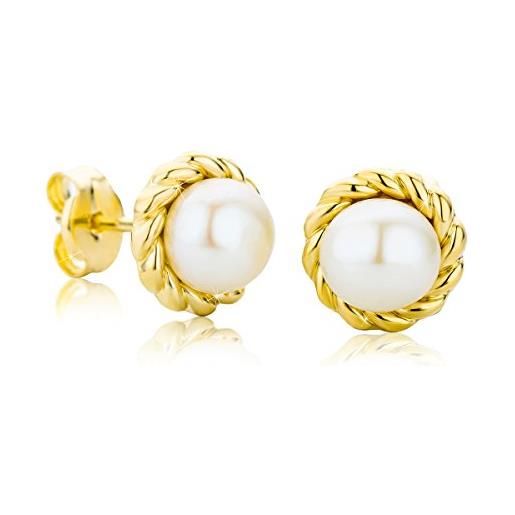 Orovi orecchini perle in oro giallo, vero oro 9kt 375, orecchini donna piccoli a lobo con perle coltivate d'acqua dolce in un bordo di oro lucido, orecchini bottone ipoallergenici con perno. 