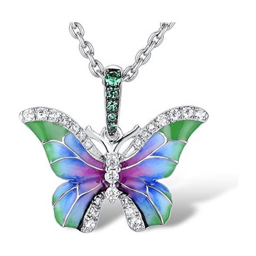 namana splendida collana donna argento 925 con ciondolo a forma di farfalla, collana farfalla per donna e ragazza, collana con pietre zirconi verde e bianchi e dettagli colorati smaltati