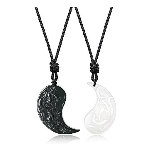 COAI coppia di pendenti yin yang drago e fenice in ossidiana e giada bianca, collane pendenti regolabili per innamorati