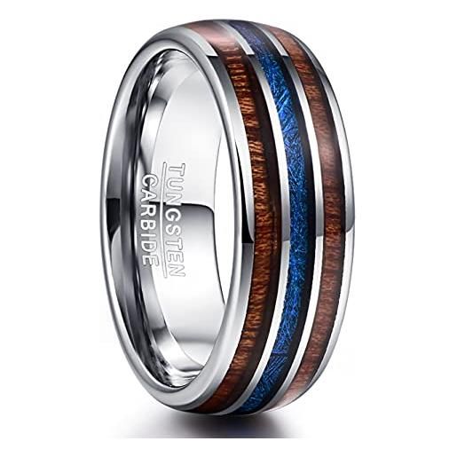VAKKI fede nuziale unisex in legno di acacia e meteorite blu imitazione intarsiato in acciaio color carburo di tungsteno anello taglia 21.5