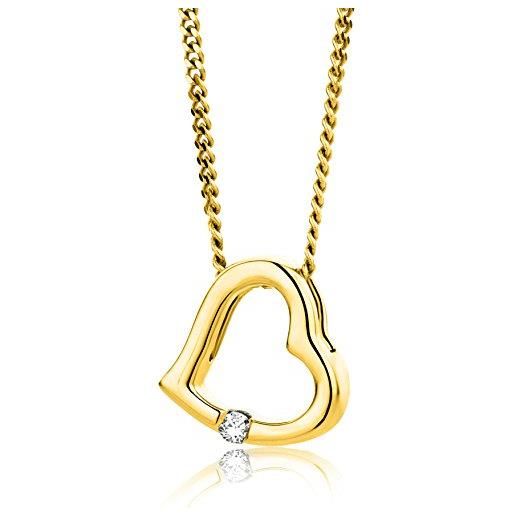 Orovi collana cuore in oro giallo con diamante naturale, oro vero 18kt 750, catena con pendente cuore lucido arricchito di brillante ciondolo e catena anallergici. Catenina lunga cm. 45. 