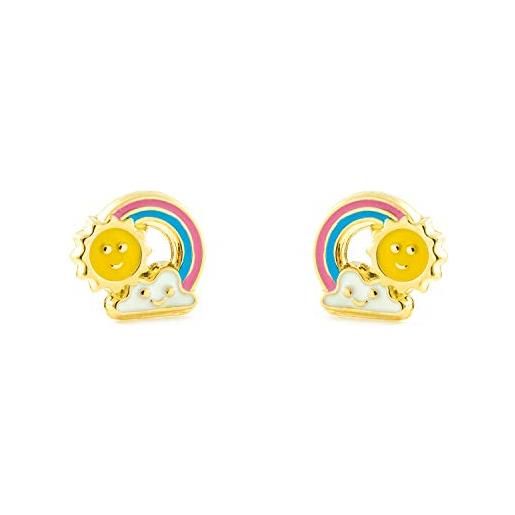 Monde Petit orecchini in oro da bambina con sole, nuvola e arcobaleno smaltato (9 kts) - scatola regalo - certificato di garanzia