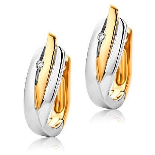 Orovi, orecchini a cerchio in oro giallo 9 carati (375), a due colori: bianco oro e rose gold, orecchini con brillanti 0,01 carato. 