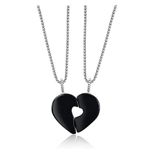 COAI coppia di collane doppio cuore in acciaio inox con ciondoli metà cuore in ossidiana con cuore al centro, regalo per innamorati