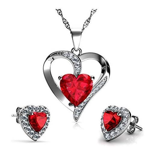 DEPHINI - set di gioielli rosso - forma di doppio cuore collana e orecchini - con zirconia cubica - collana argento donna 925 - idea regalo per donne e ragazze