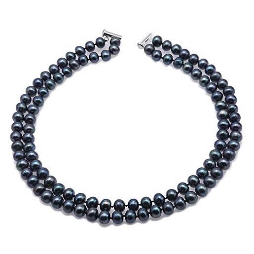 JYX Pearl collana a doppio filo con perle d'acqua dolce coltivate rotonde nere da 8,5 a 9,5 mm, qualità aa, lunghezza 18, perla, perla