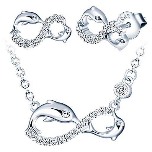INFINIONLY parure di gioielli, collana orecchini da donna ragazza, orecchini collana in argento 925, orecchini collana ciondolo simbolo dell'infinito e delfino carino, zircone intarsiato, argento
