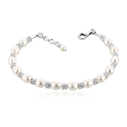 Nena. Lina braccialetto da donna con perle d'acqua dolce da 6 mm e anelli in argento, lunghezza 18,5 cm, con chiusura a moschettone in argento sterling 925, 723046-842