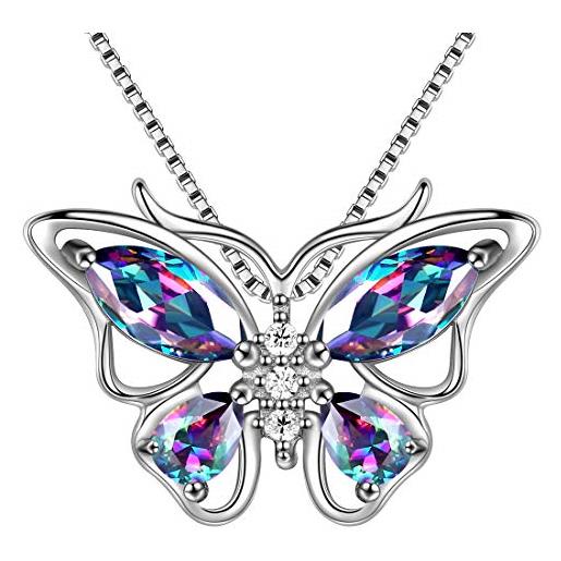 Aurora Tears collana con farfalla in argento sterling 925, orecchini e anelli, set di gioielli con pietra portafortuna, zirconia cubica, topazio