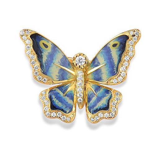 Namana - spilla da donna in argento sterling 925, con motivo di uccellini e farfalla, con dettagli smaltati e zirconi e argento, colore: blu, cod. 432752