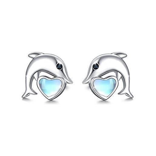 MEDWISE orecchini a perno da donna, in argento sterling 925, con delfino, con cuore blu e pietra di luna, idea regalo per donne e ragazze
