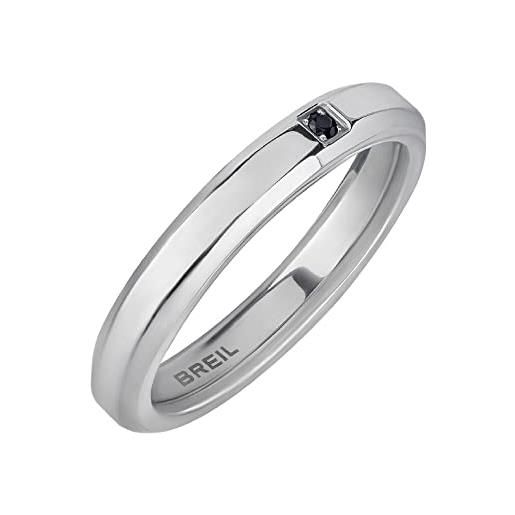 Breil, anello uomo collezione y, fedina da uomo in acciaio lucido con cristallo nero incastonato, anello maschile dal design semplice e minimal