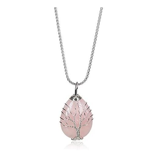 COAI collana da donna in acciaio inox con ciondolo goccia in quarzo rosa ricamato con motivo albero della vita
