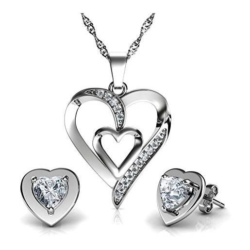 DEPHINI - parure di collana e orecchini a cuore bianco - argento sterling 925 - orecchini con cristalli e pietra portafortuna