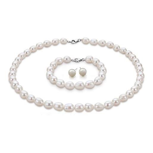 TreasureBay - parure di collana, braccialetto e orecchini con perle di acqua dolce da 8 mm, in confezione regalo