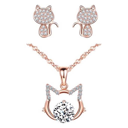 CPSLOVE collana e orecchini oro rosa da donna, parure di gioielli in argento 925, eleganti collane ciondolo di gatto, orecchini gatto carino, zircone intarsiato