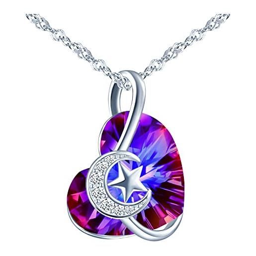 INFINIONLY collana di cristallo cuore dell'oceano, pendente cuore da donna, in argento 925, collana di cristalli viola, circondato da stella e luna, intarsiato con zircone lucido, catena 45cm