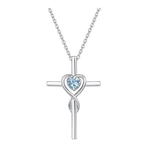 FANCIME croce ciondolo collana infinito cuore per donna in argento 925 con acquamarina naturale - catena lunghezza: 40 + 5 cm