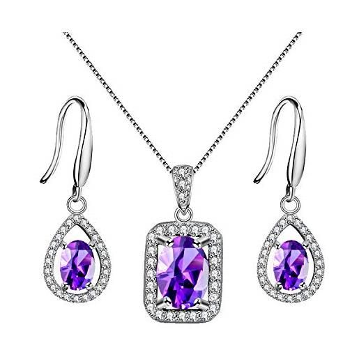 Uloveido collana con pendente in cristallo di ametista viola in argento sterling 925 e orecchini con pietre preziose per donna ft001