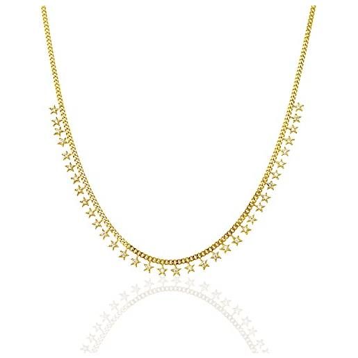 Aka Gioielli® - girocollo donna con stelline in argento 925 placcato oro, collana con filare di stelle pendenti in zircone