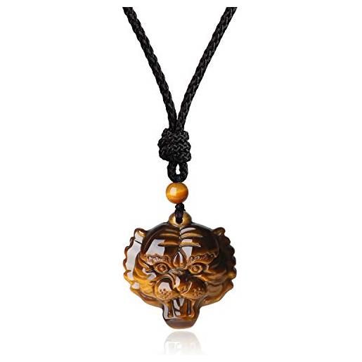 COAI pendente testa di tigre in occhio di tigre marrone, collana pendente unisex in pietre naturali con laccio regolabile e animali della mitologia cinese simboli di buon auspicio